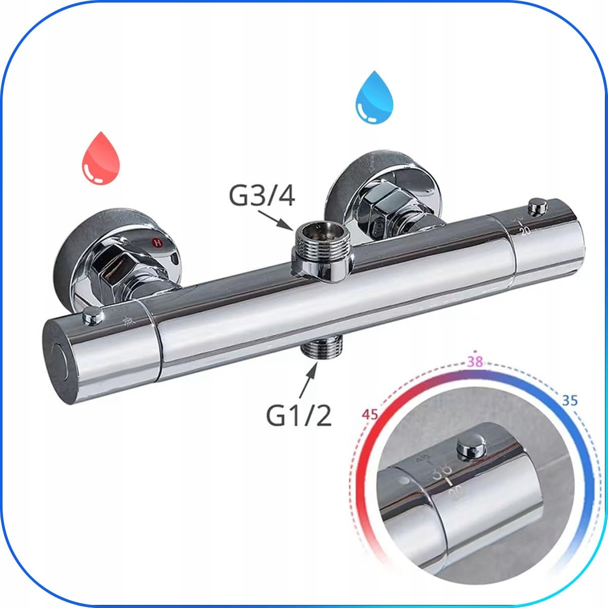 Brausethermostat 38°C Thermostatarmatur Dusche Chrom Messing Wandmontage 150 mm Anschluss für Duschsystem