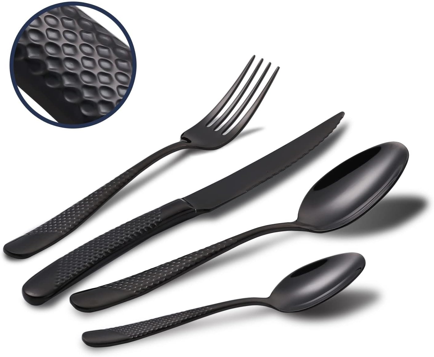 – Hammered Silverware Set, 4-Piece Modern Black 18/10 Stainless Steel Flatware Set with Forks Spoons and Knives, Unique Metal Cutlery Sets for Home Restaurant, Mirror Polished & Dishwasher Safe