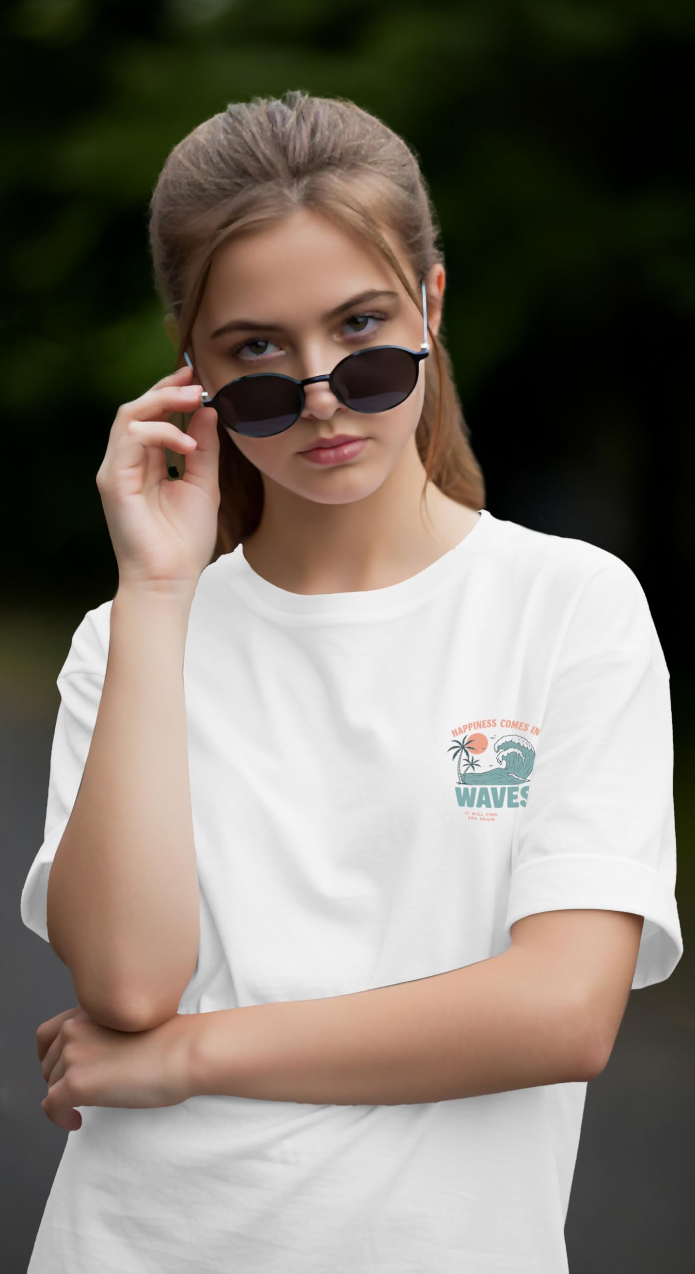 Dagcros Elegante maglietta oversize con scritta "Happiness Comes in Waves" Beach Vibes per ragazze | T-shirt grafica estiva oversize