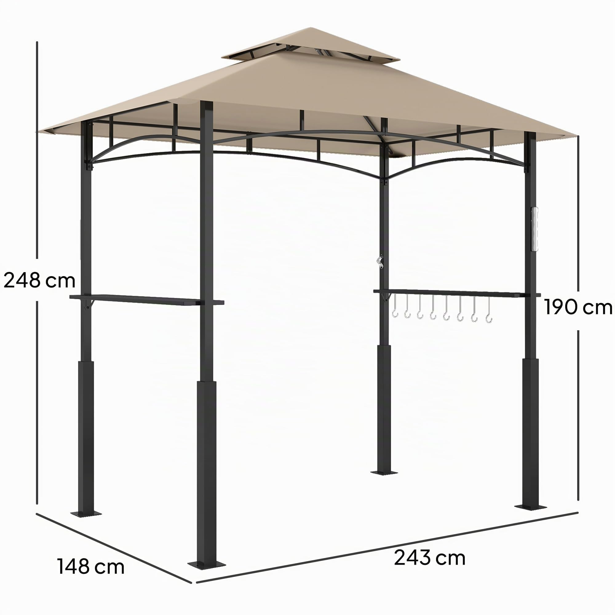 Outsunny Cenador de barbacoa de dos niveles, toldo de recepción para jardín, con luz LED, gancho de techo 2 estantes laterales 240 x 150 x 250 cm Caqui