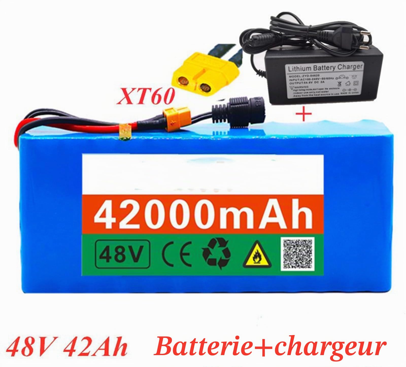 Batterie Lithium-ION 48V 42Ah pour Vélos Électriques, avec Protection BMS Intégrée, Compatible avec Les Moteurs De Vélos Électriques De 1500W À 200W Et Chargeur Inclus