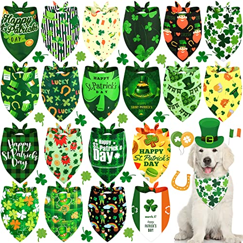 20 Pcs St. Patrick's Day Dog Bandana Pet Scarf Washable Triangle Bibs Shamrock Scarfs Adjustable Pet Triangle Washable Kerchief for St. Patrick's Day Dogs Cats (Shamrock, L)