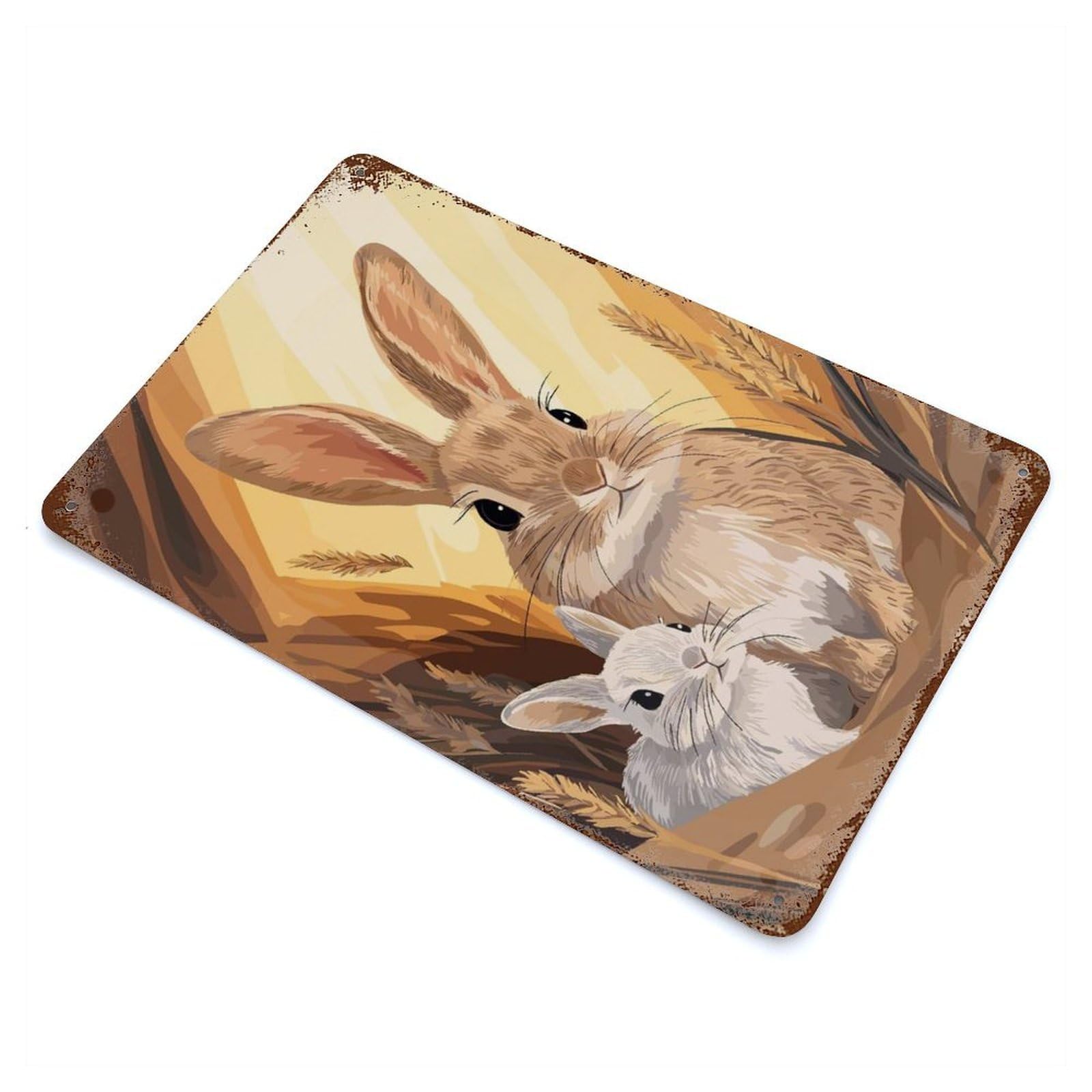 Rustic Tin Plaque with Two Bunnies in A Meadow Design 11.8"x7.9", for Cafe, Home Bar And Lounge Decor, Industrial Home Decor