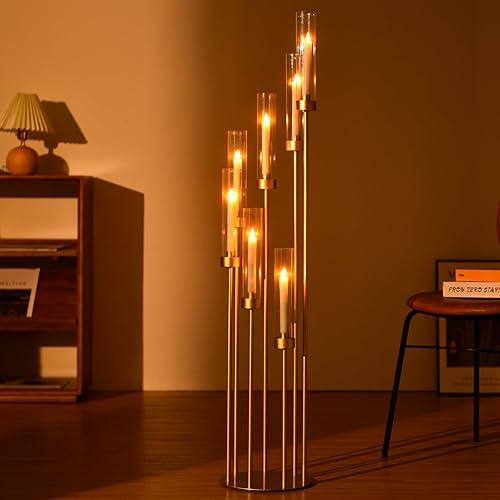 Floor Candle Holders for Wedding,Metal 7 Arms Candelabra for Table Centerpiece Gold Candle Sticks Holder Decor with Clear Acrylic Shade for Easter Day Party, Banquet, Birthday (48inch)