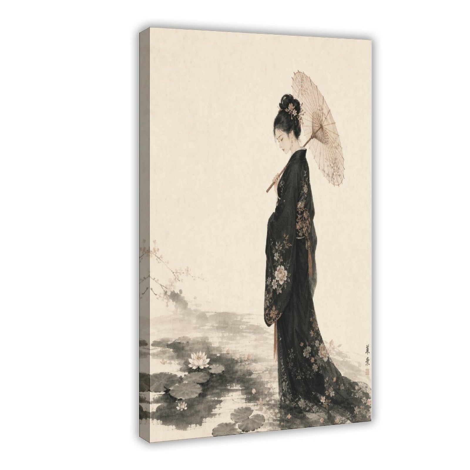 W7c8u2x3 Frame-Style-23 Woman With Parasol Canvas Wall Art, Black Kimono Japanese Woodblock