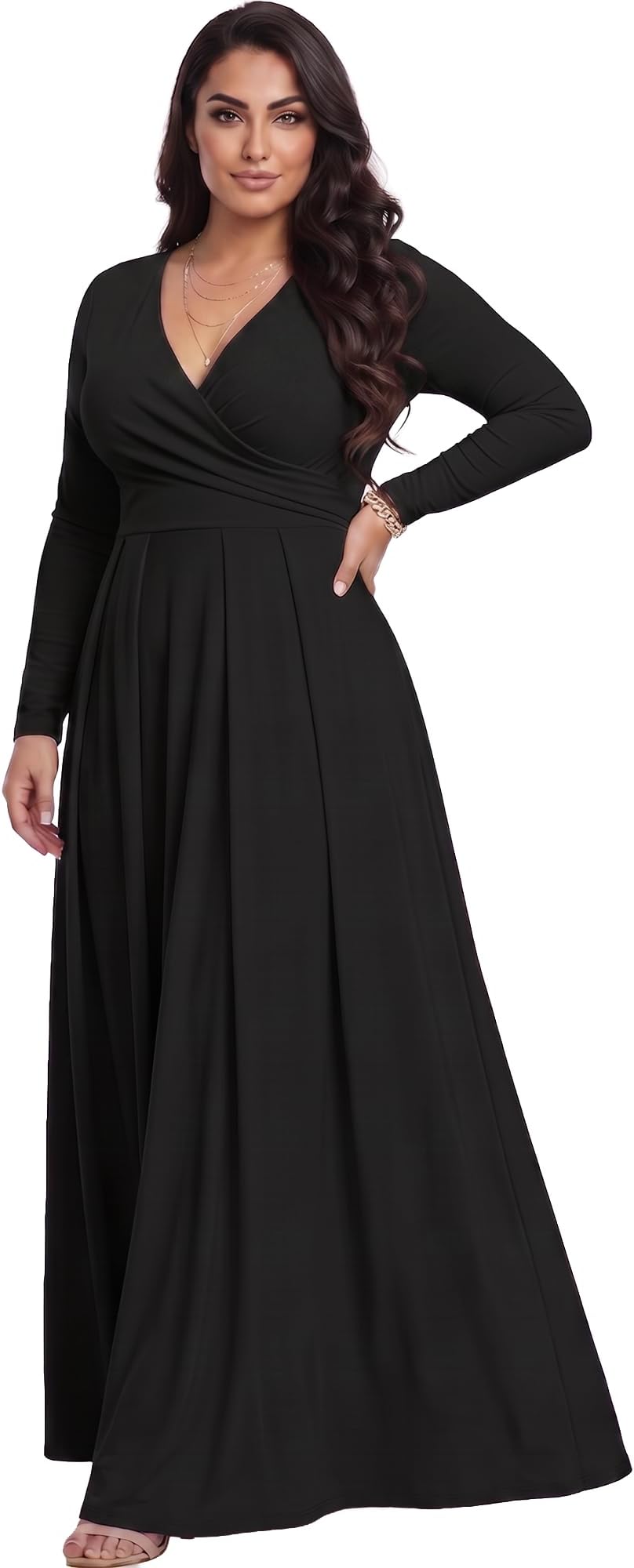 KOH KOH Womens Long Sleeve V-Neck Flowy Modest Elegant Evening Maxi Dress