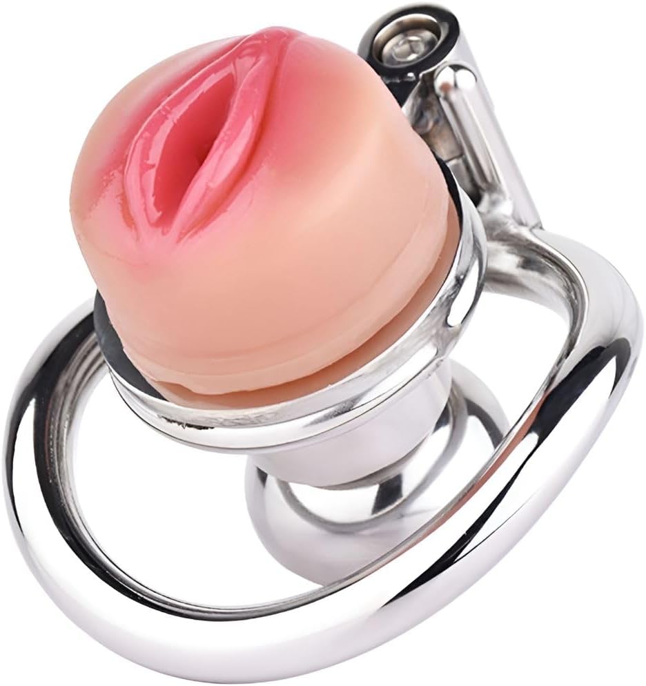Mini Flat Silicone Lifelike Cock Cage Chastity Devices with Metal Cock Ring, Wearable Penis Cage Devices with Leather Belt Adult Sex Toy for Men - with 4.5CM Ring