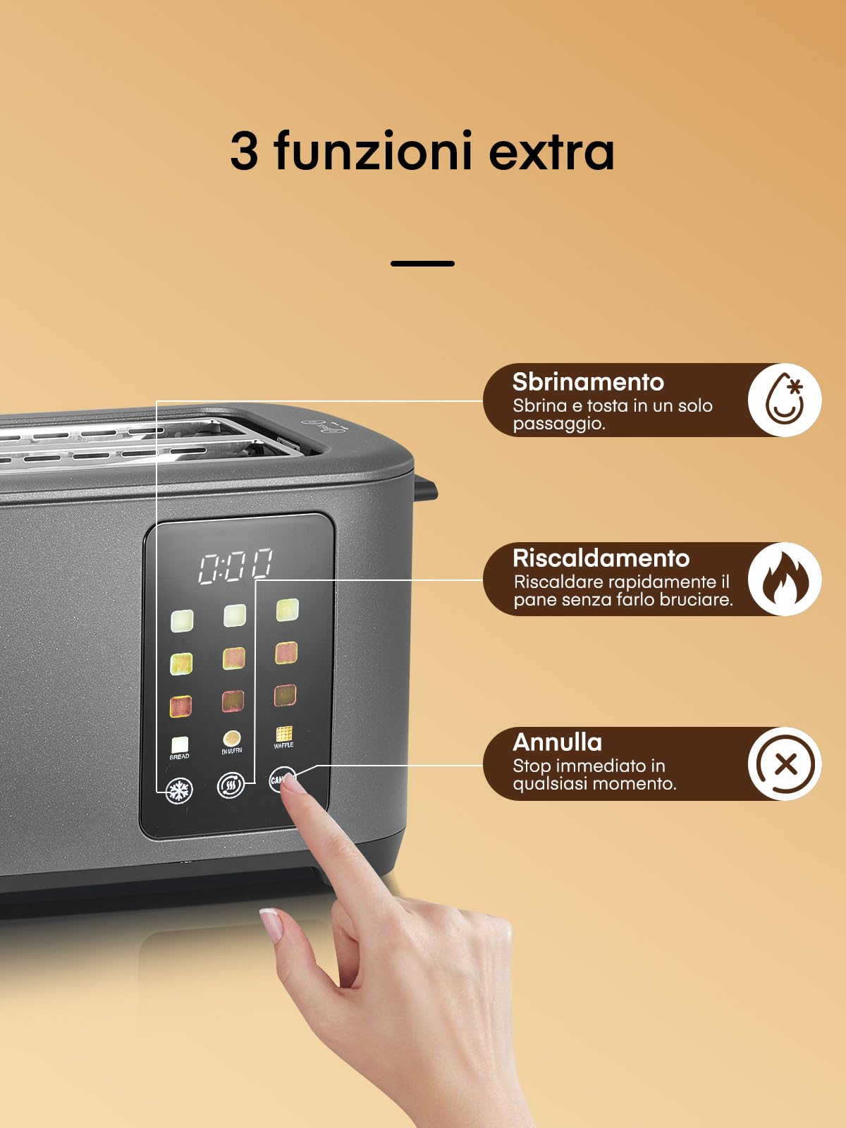 Grille Pain 4 Tranches, Longue Fente Toaster avec écran Tactile, 9 Niveaux de Dorage, 3 Types de Pain, Inox Grille Pain, Tiroir Ramasse Miettes Amovible, D'annulation/Décongélation/Réchauffage, Gris
