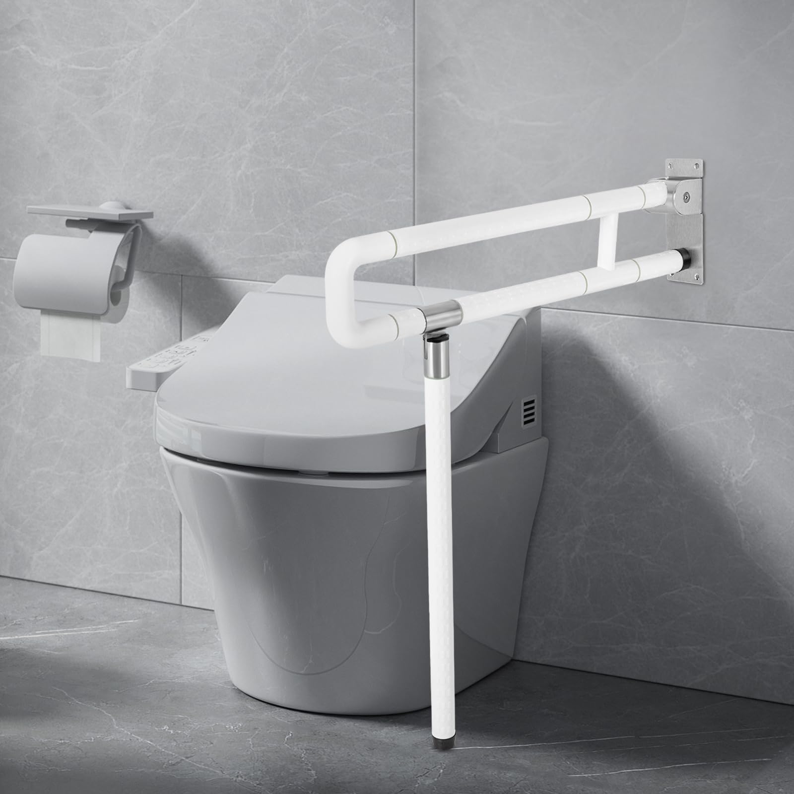Barra de apoyo plegable de seguridad, barra de apoyo plegable para cuarto de baño, mango antideslizante, acero inoxidable, apoyabrazos PMR soporte de pared, plegable 180°, carga 100 kg, para inodoro