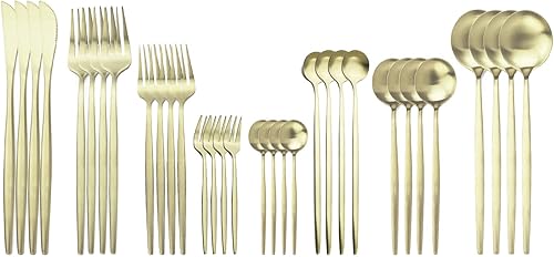 JASHII Juego de vajilla de 32 piezas de acero inoxidable con cuchara de café, cuchara de mango largo, servicio de cubiertos premium para 4