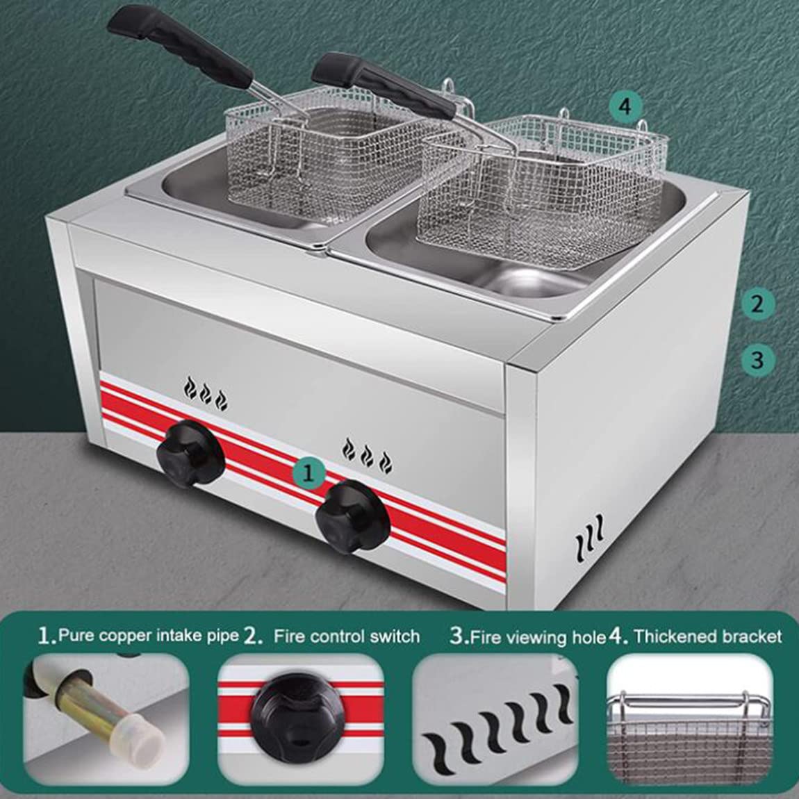 Friggitrice Professionale a Gas GPL, friggitrice Professionale in Acciaio Inox con cestelli e coperchi, per Cucina Domestica, Ristorante Commerciale, Doppio Cilindro 10L + 10L