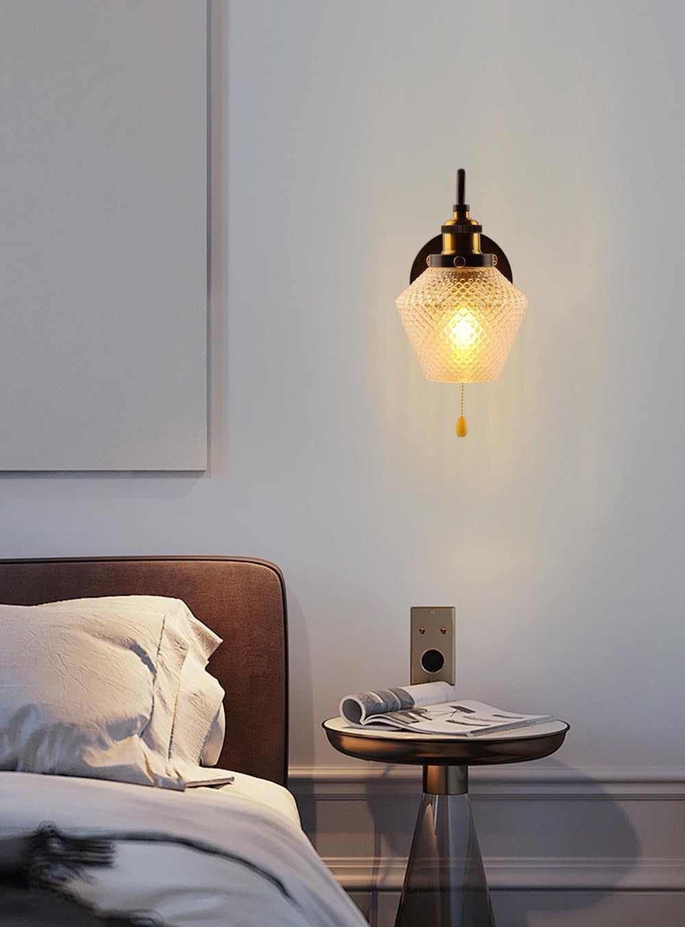 Pull Chain Switch Wall Sconce,Industrial Water Ripple Glass Wall Light,Gooseneck Wall Mounted Light for Bathroom Living Room Bedroom Hallway Vanity (Diamond Type)