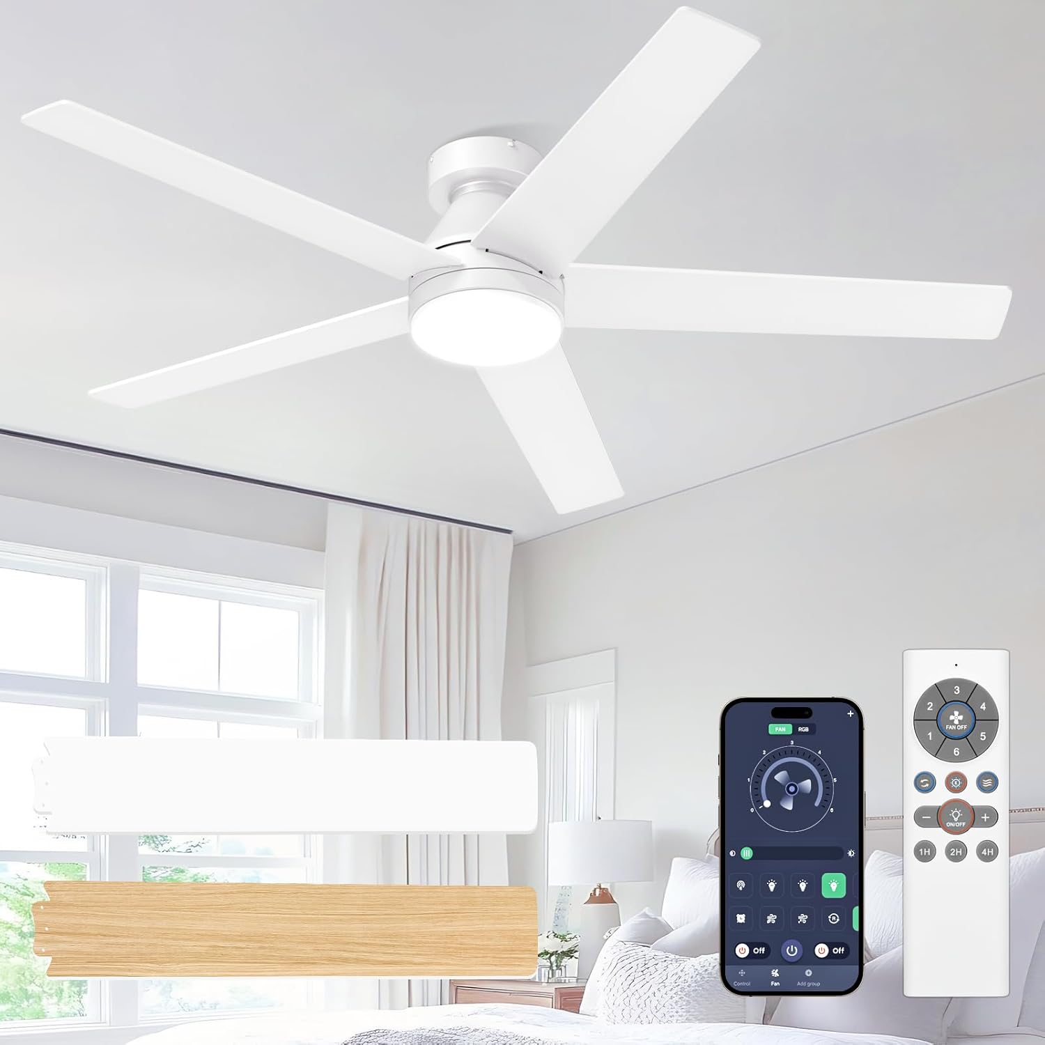 52'' Low Profile Ceiling Fan with Light, Flush Mount, Noiseless, Remote Control, 6 Speeds, Reversible, Dimmable, 3CCT, White Ceiling Fan for Bedroom, Living Room, Covered Patio