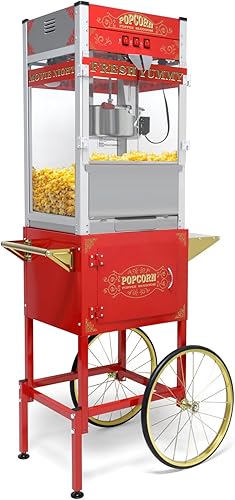 Máquina comercial de palomitas de maíz con carrito, ruedas y hervidor de 20 onzas, máquina para hacer palomitas de maíz estilo vintage, máquina de