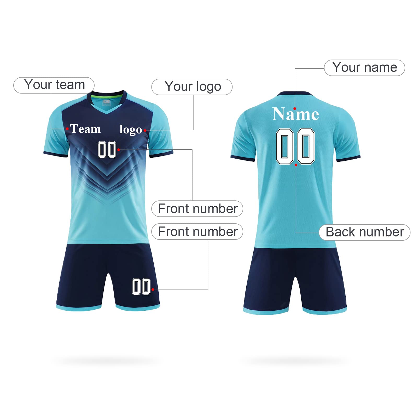 Personalized Soccer Jersey Short Kids Adults with Name Number Team and Logo Custom Shirt Men Women Soccer Shin Pads (Light Blue)
