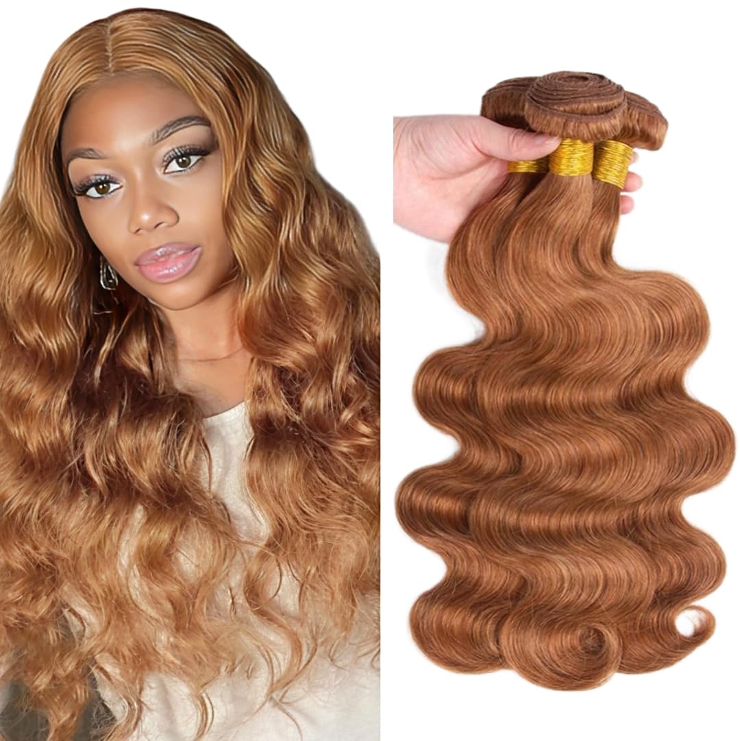 Color #30 Remy Hair Bundles Light Brown Human Hair Bundle #30 Body Wave Extensions With Minimal Tangle Silky and Soft For Women 18 20 22 Inch