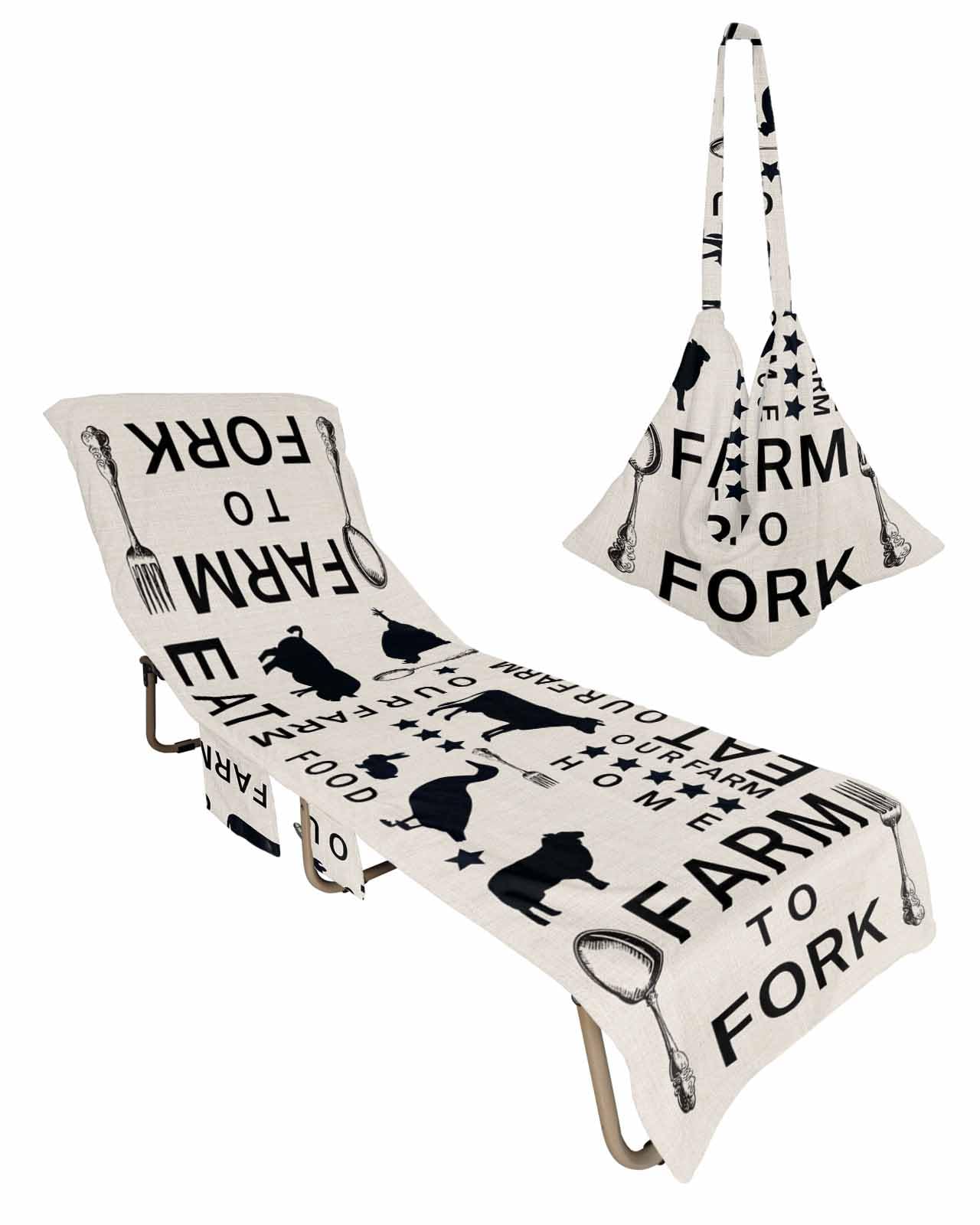 Beach Pool Patio Lounge Chaise Chair Cover Towel with Pockets,Farmhouse Beige Absorbent & Quick Dry Microfiber Towel Cover Bag Summer Travel Accessories Country Cow Star Pig Chicken Duck Rabbit