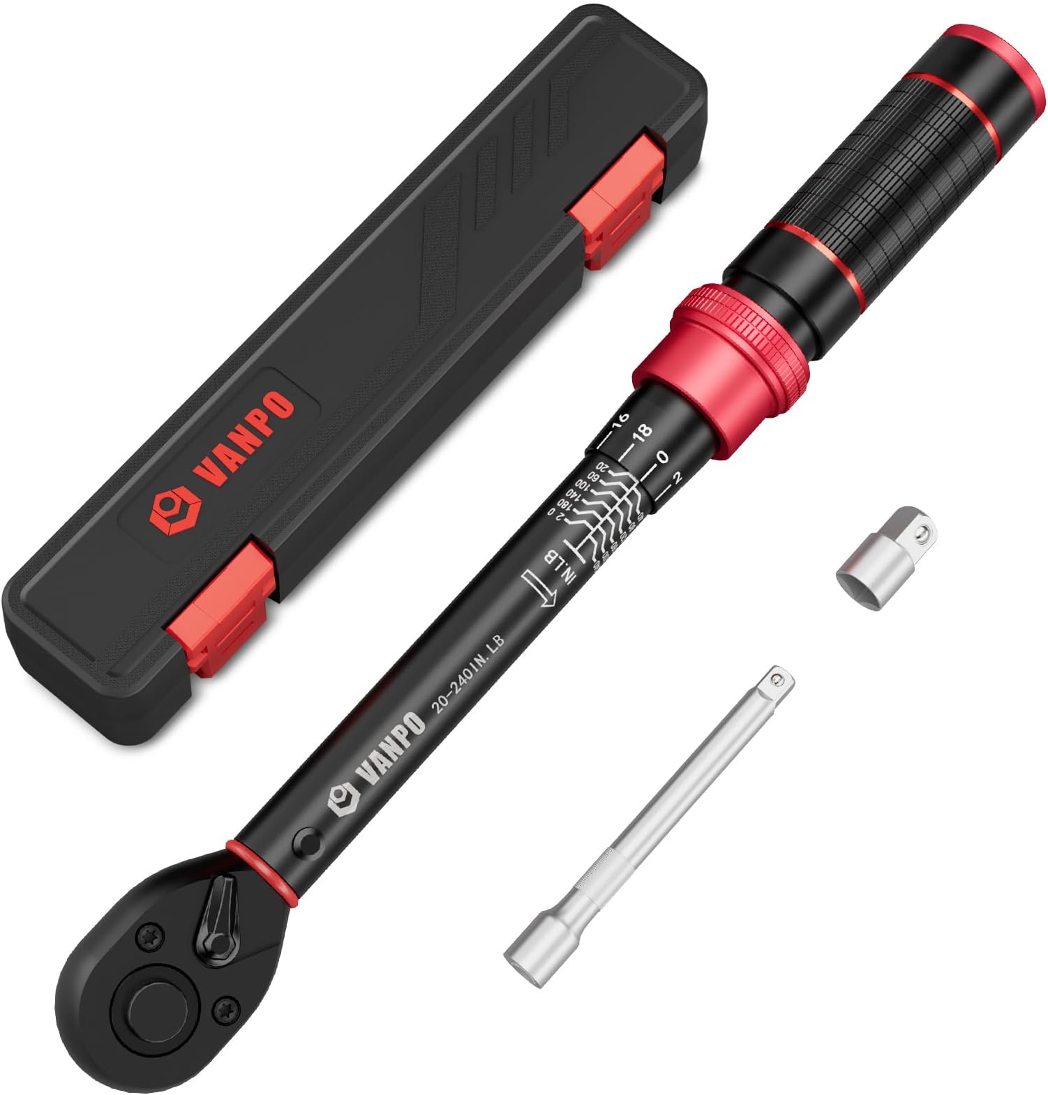 VANPO 1/4-inch Drive Click Torque Wrench, 20-240 in. lb/2.3-27.1 Nm, Inch Pound Torque Wrench Set with 1/4" to 3/8" Adapter, 10cm Extension Bar, Small Bike Torque Wrench for MTB, Bicycle Maintenance