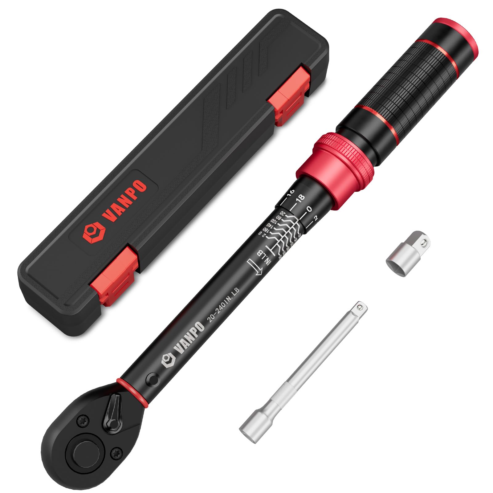 VANPO 1/4-inch Drive Click Torque Wrench, 20-240 in. lb/2.3-27.1 Nm, Inch Pound Torque Wrench Set with 1/4" to 3/8" Adapter, 10cm Extension Bar, Small Bike Torque Wrench for MTB, Bicycle Maintenance