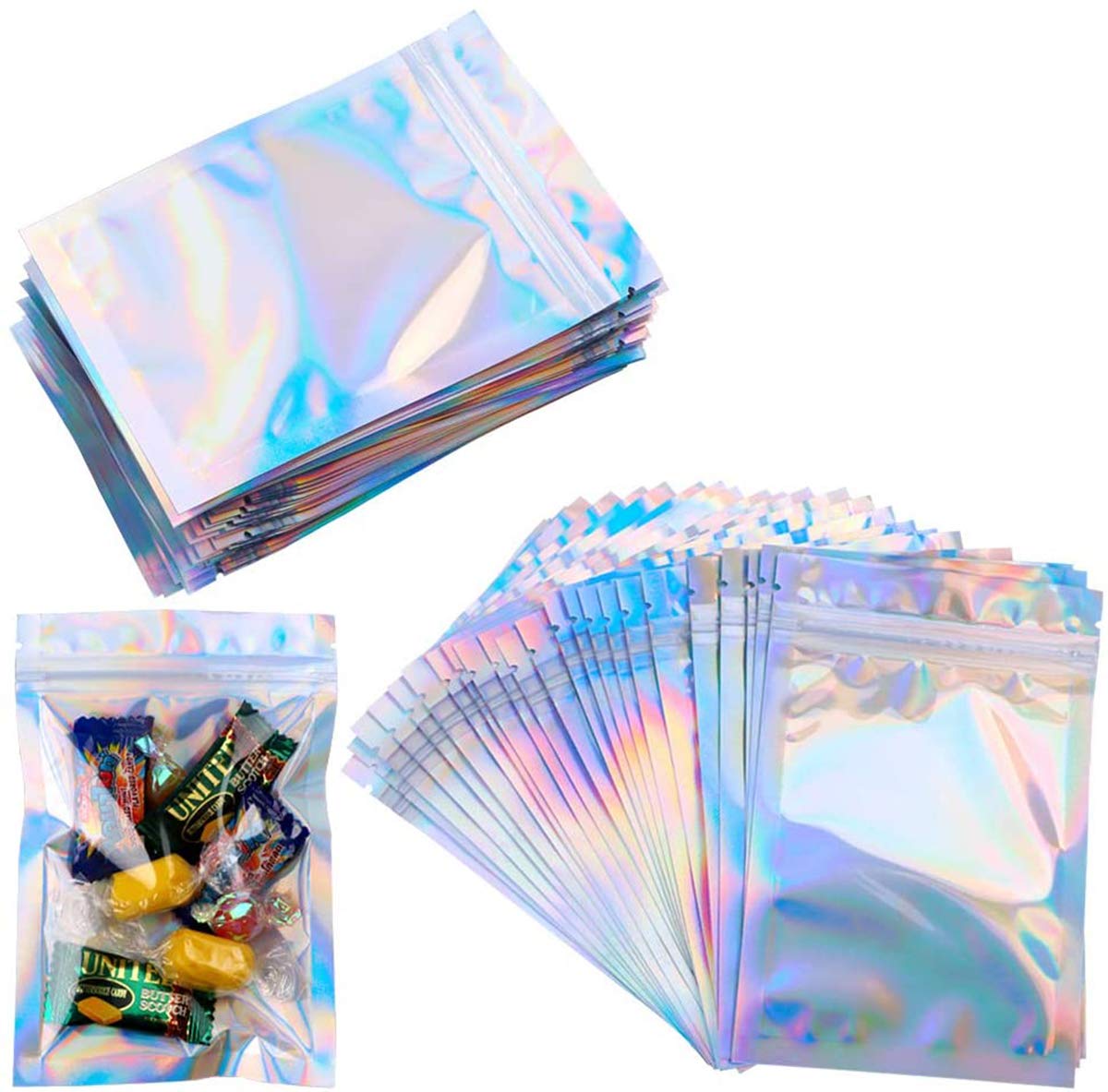 Starthi 50 Packs Resealable Smell Proof Bags Mylar Ziplock Bags Aluminum Foil Pouch Bag Holographic Flat Foil Bags for Favor Food Storage Gift Package Supplies (7.5 x 10 cm)