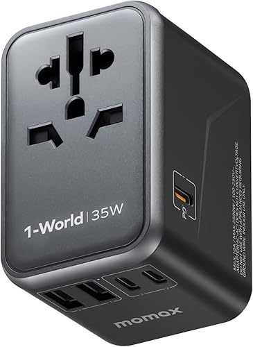 MOMAX Adaptador de enchufe internacional, PD 35W (puerto único), adaptador de corriente de viaje universal con 3USB-C+2USB-A, adaptador de salida