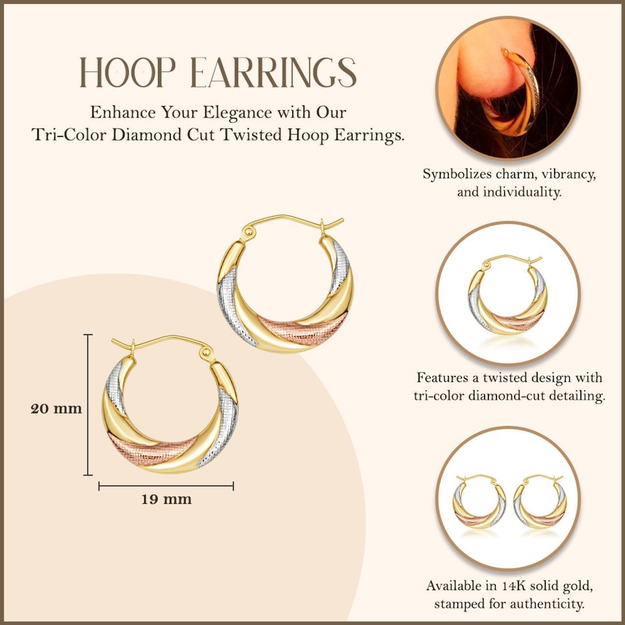 Tri-Color Gold Sparkle Cut Reversible Twisted Round Hoop Earrings for Women | 10K or 14K White, Rose, and Yellow Gold