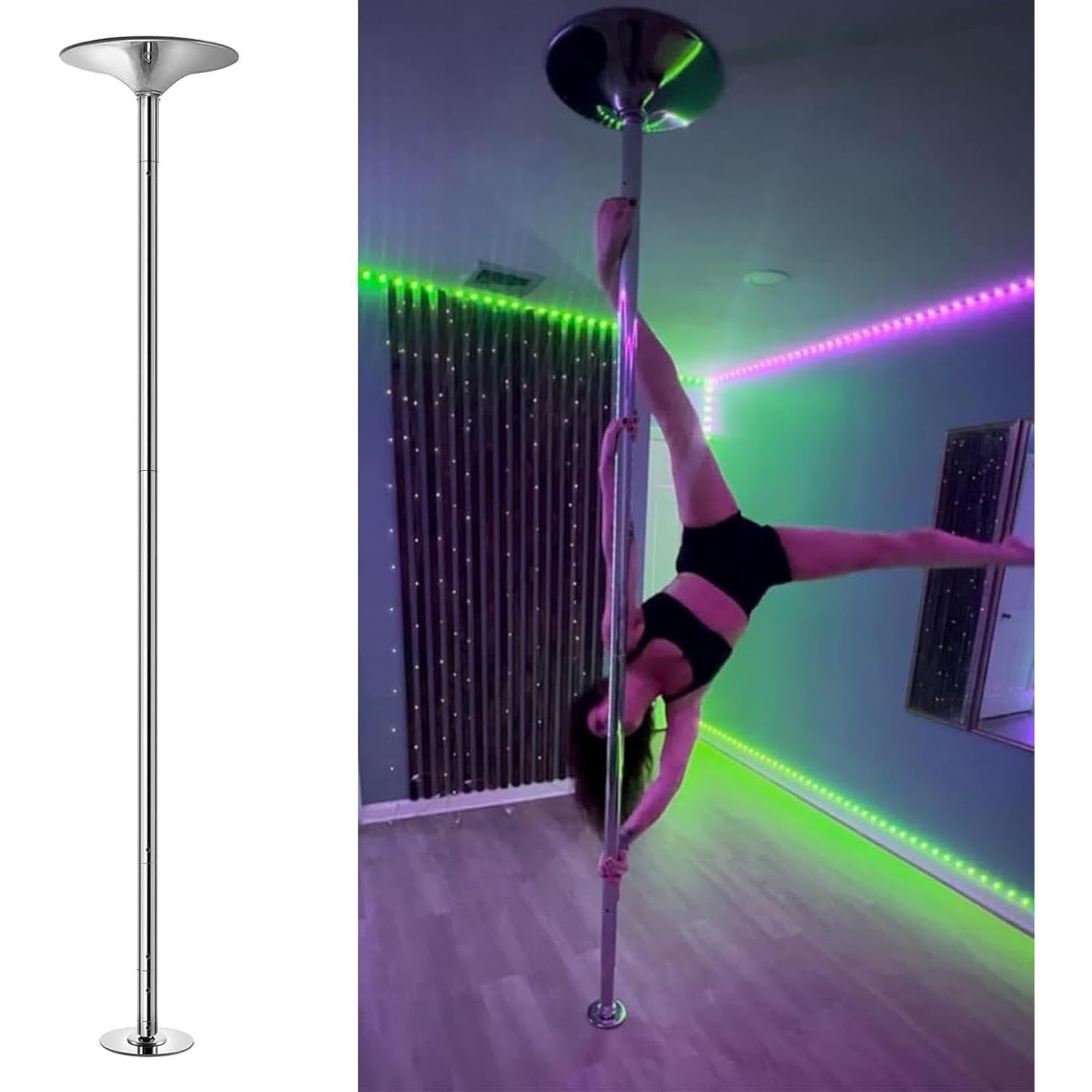 JYBNBBE Removable Spinning Dance Pole Kit, Heavy-Duty 45mm Steel Fitness Pole for Home, Club, Party, Exercise,Silver-3.2M