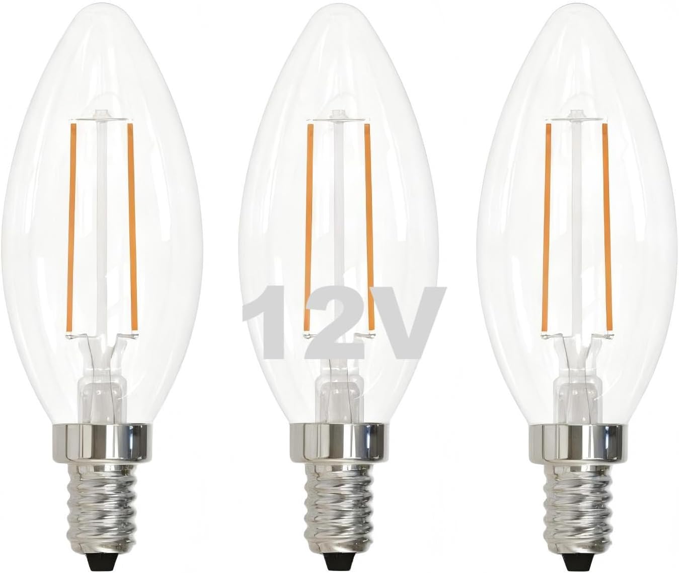 12V LED Candelabra Light Bulbs Low Voltage - Warm Light 2W E12 Small Base 25W Equivalent - DC Bulb for RV, Solar Panel Project, Boat, Garden Landscape, Off-Grid Lighting, Pack of 3