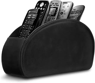 RHCSZ PU Leather Remote Control Holder - 5-Compartment TV Remote Caddy Organizer for Desk, Bedside, Office - Black