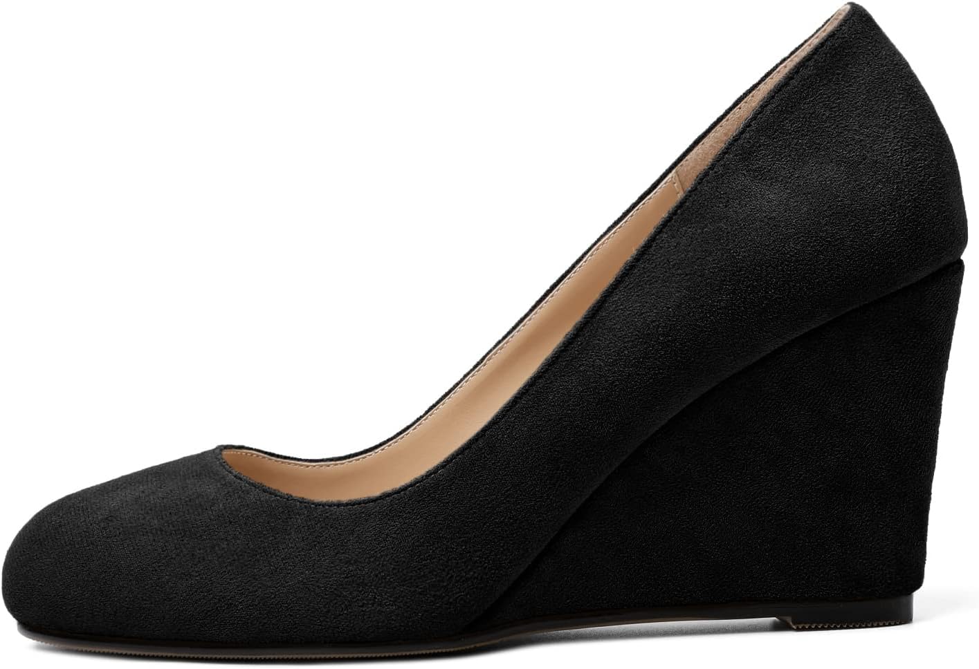 AUMOTED Women's Wedges Heel Pumps Solid Solid Closed Round Toe Wedge Pumps Slip On 3.5 Inch Wedge Suede Heels for Dress Working Evening