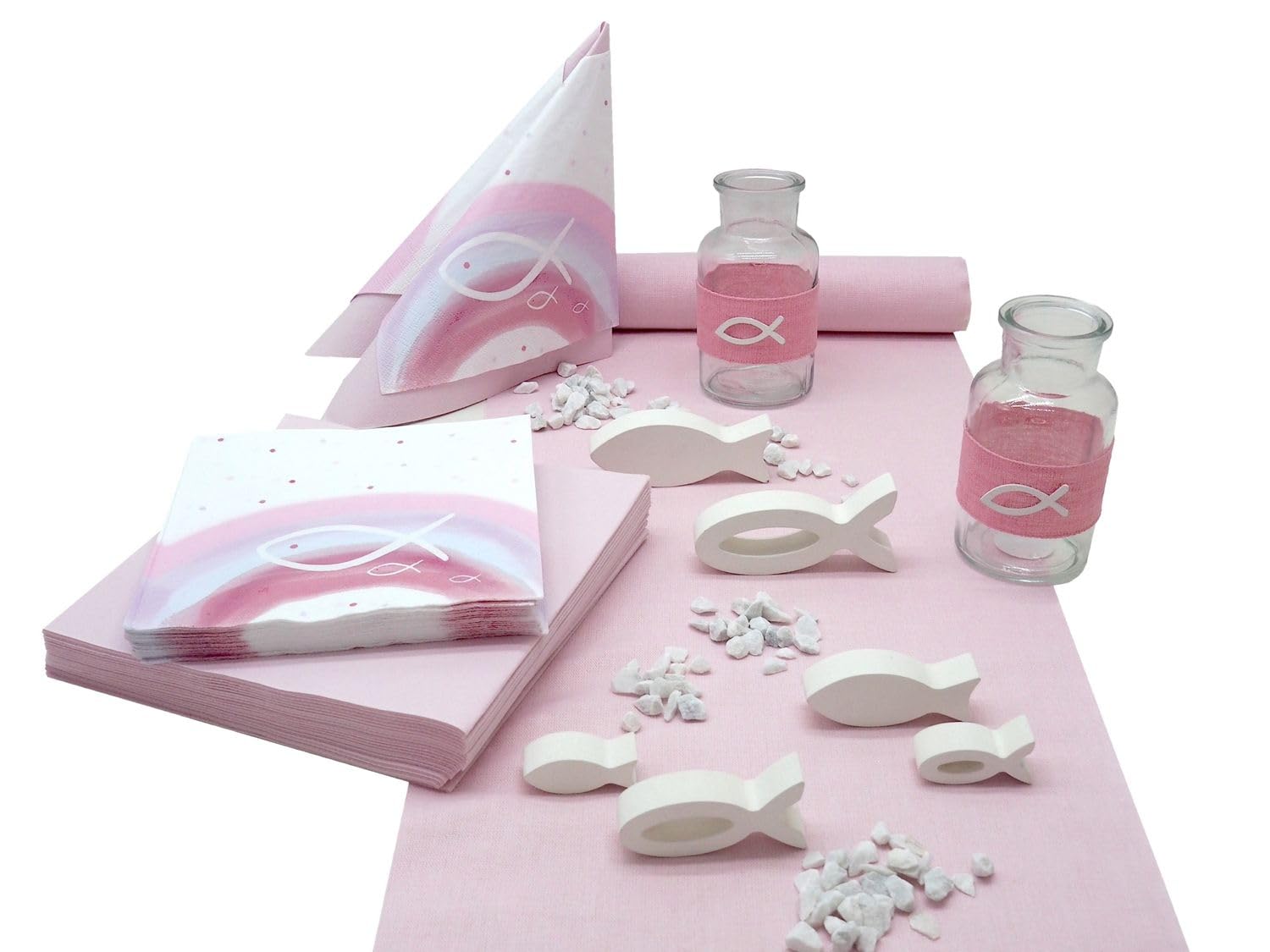 ZauberDeko Tischdeko Kommunion Konfirmation Taufe Pink Rosa Weiß Fisch Regenbogen Set 20 Personen