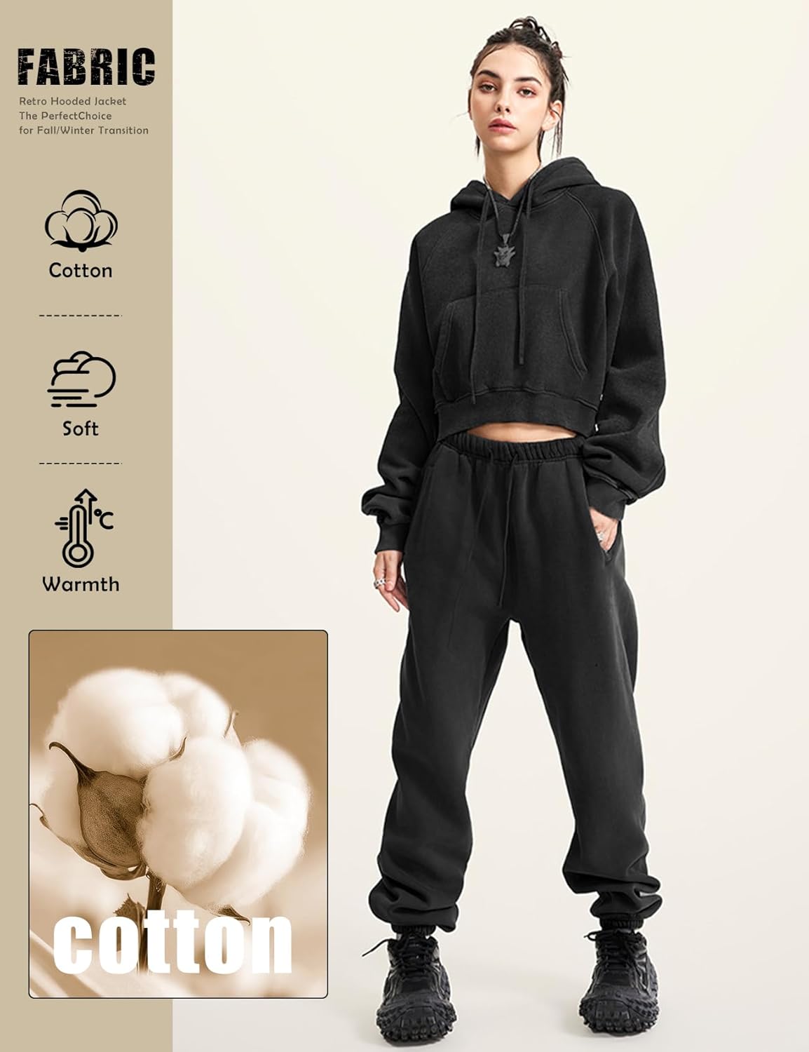 Wyeysyt Cropped Hoodies for Women Acid Wash Sweatshirt Fleece Lined Oversized Vintage Athletic Pullover - Image 5