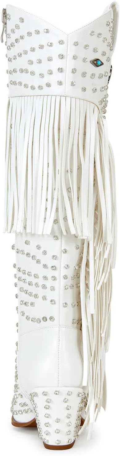 Women's Fringe Western Cowgirl Boots Pointed Toe Rhinestone Mid Calf Cowboy Boots for Women