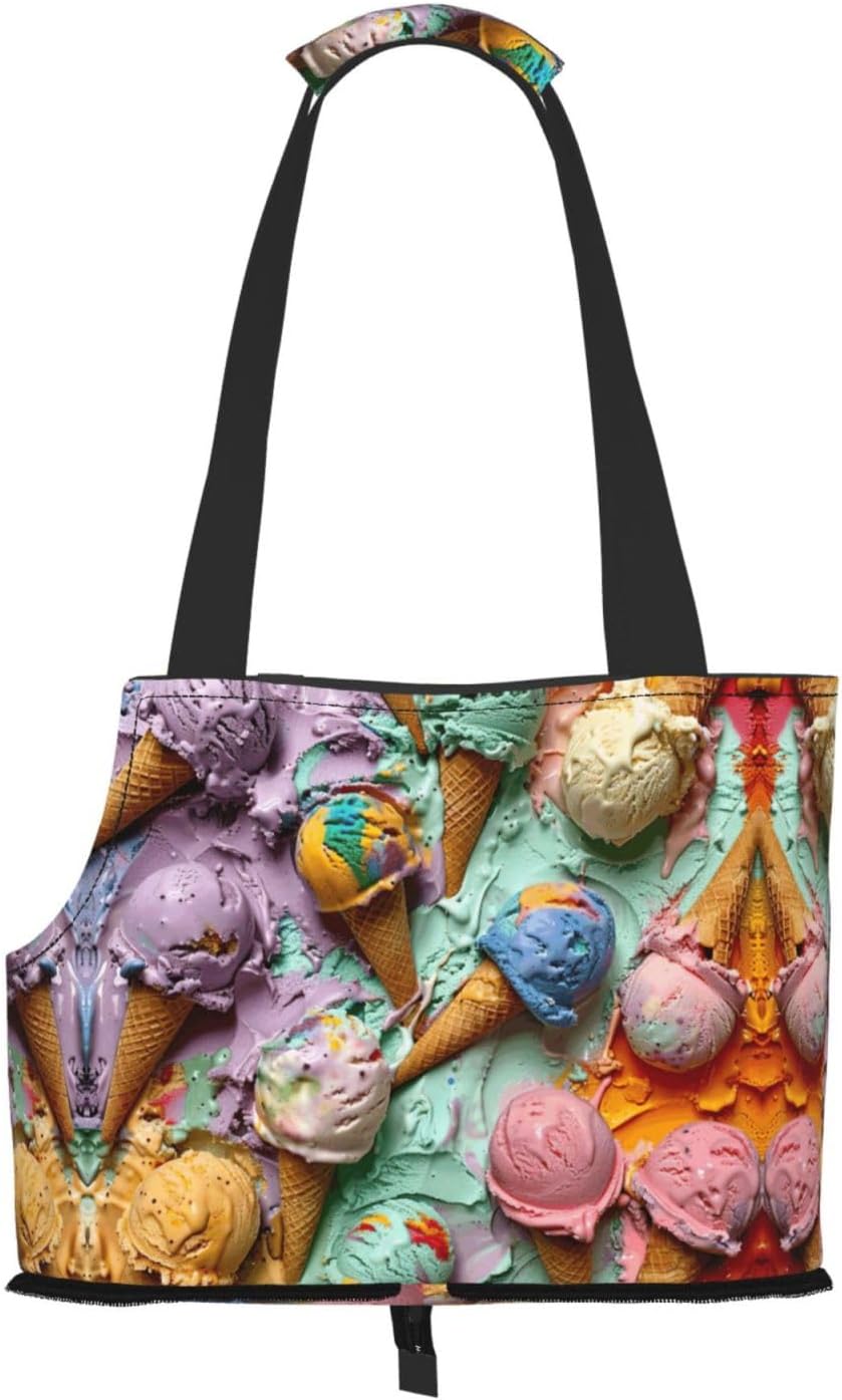 Many Colored Ice Cream Print Portable Foldable Shoulder Bag for Travel,with Collar Hook and Handle Pad,Cute Stylish Design