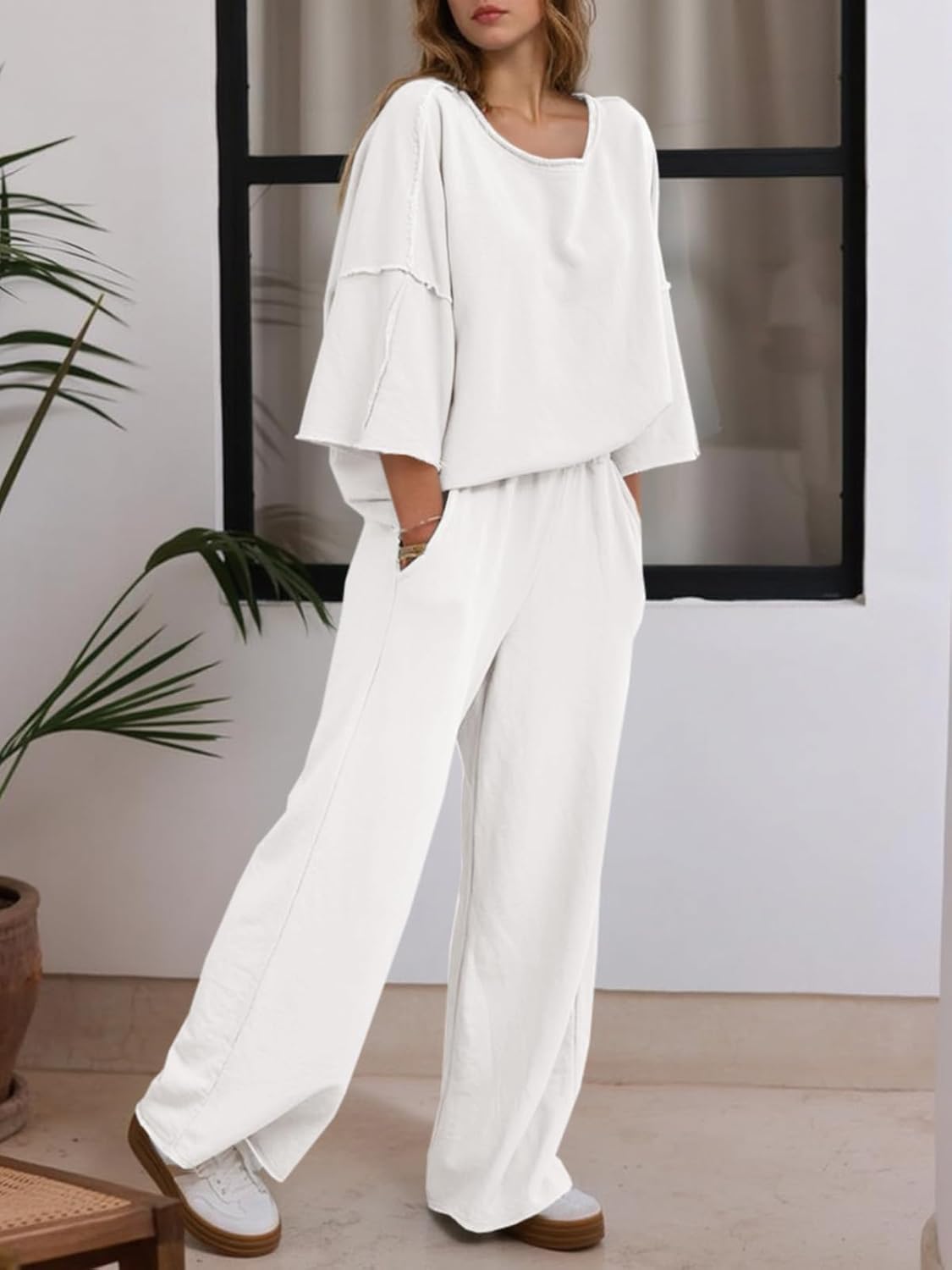 Fisoew Womens 2 Piece Lounge Sets Casual 3/4 Sleeve Tunic Tops Loose Wide Leg Pants Tracksuit Fall Travel Outfits - Image 3