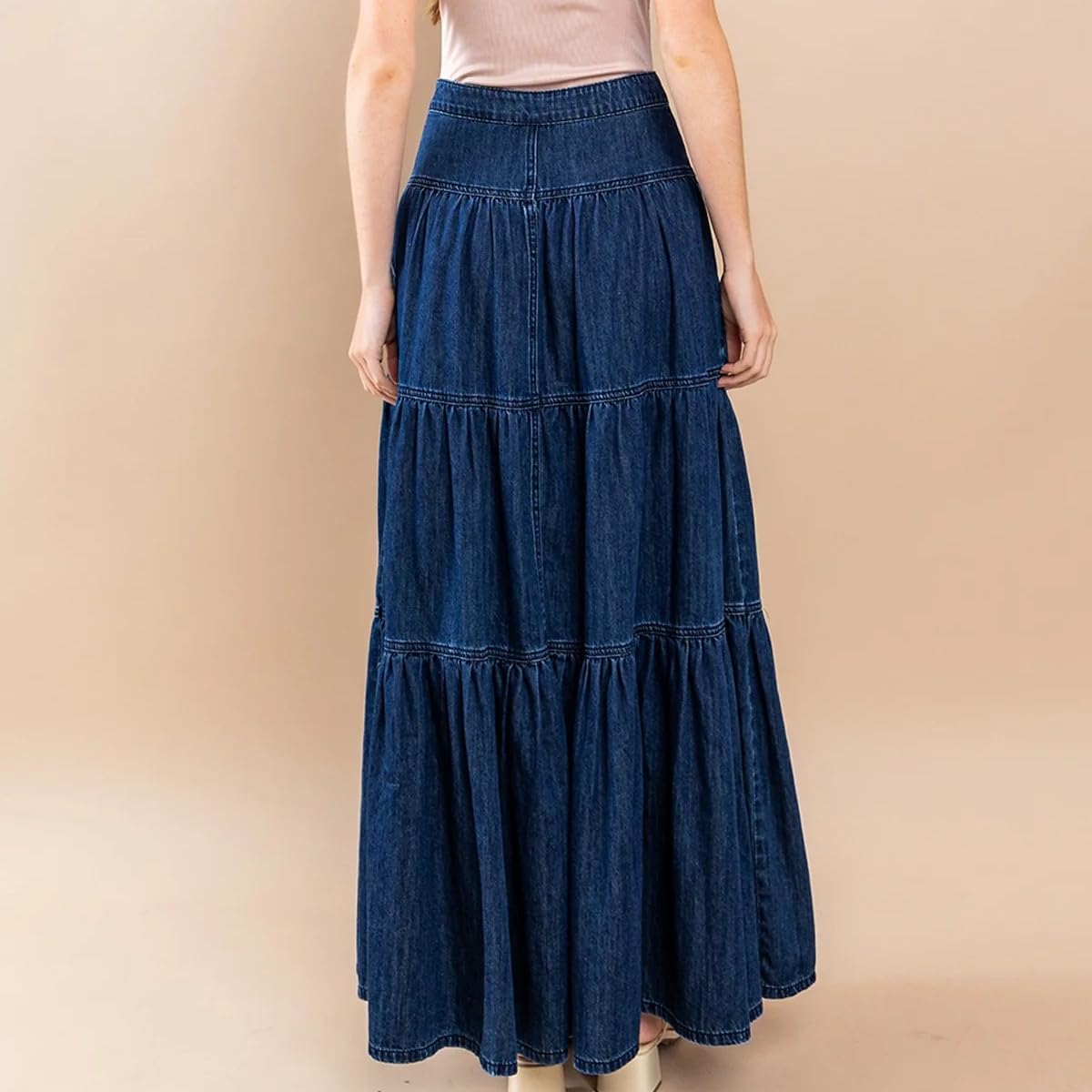 Falda Larga Vaquera De Talle Alto para Mujer con Botones Estilo Bohemio Fluida Plisada con Volantes Y Corte En A con Bolsillos Ideal para Viajes Y Salidas Informales.
