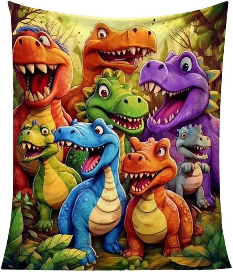 Cute Smiling Dinosaurs Print Blanket,Soft Flannel Fabric Throw Blanket with Colorful Dinos Print,Funny Cozy Dinosaurs Decor for Couch Bed Sofa,Warm Farmhouse Gift for Dino Lover