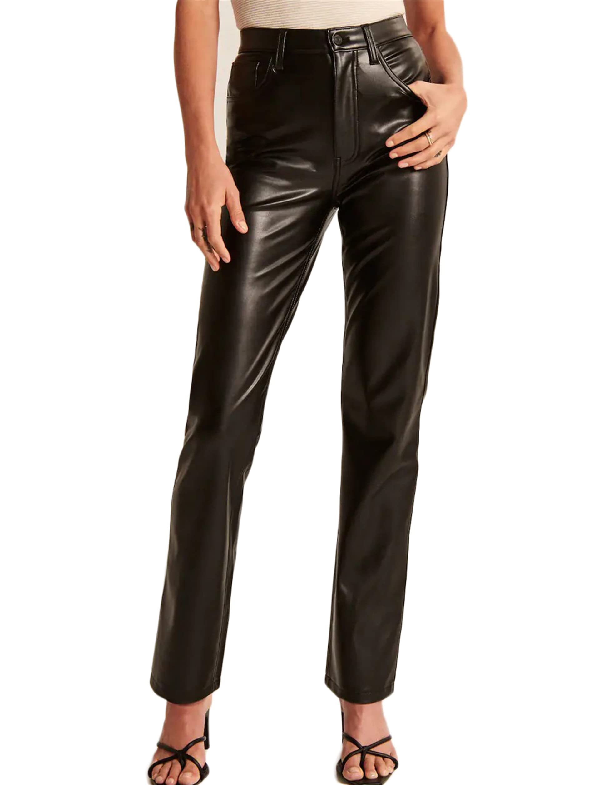 Damskie legginsy wyglądające na mokre ze sztucznej skóry modelujące tyłek Push Up skórzane spodnie łydki rozkloszowane/ołówkowe/proste seksowne legginsy (czarne 3 S)