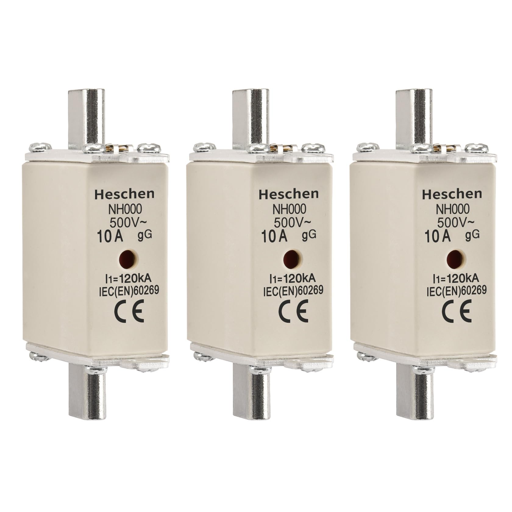 Heschen NH Fuse Link, NH000, gG, Front Indicator,Combination Detector,AC 500V 120KA,Pack of 3 (10A), Grey