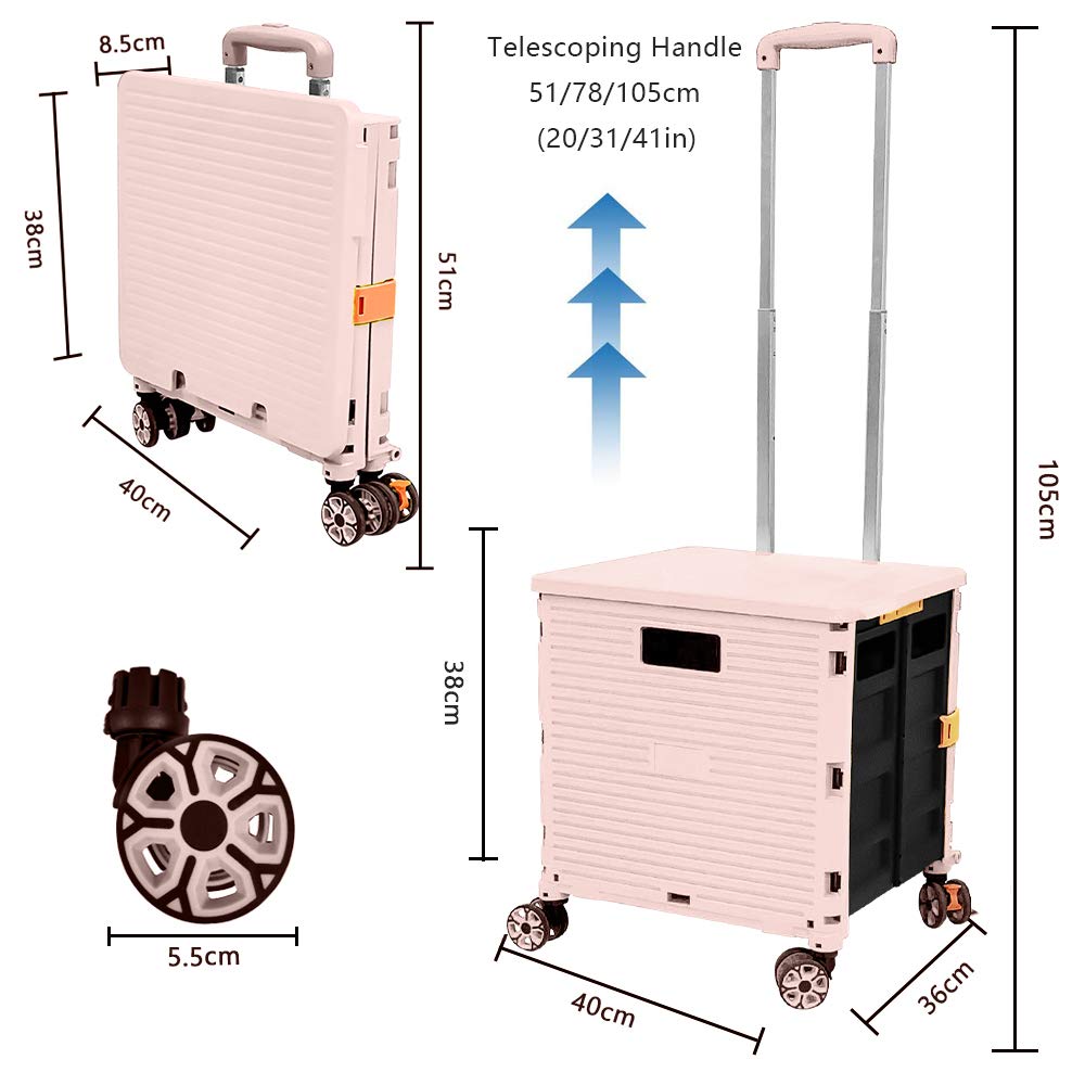 Carrello pieghevole pieghevole portatile con carrello telescopico in plastica resistente e resistente, pieghevole, 4 ruote girevoli per viaggi, shopping, spostamento, bagagli, uso ufficio (rosa)