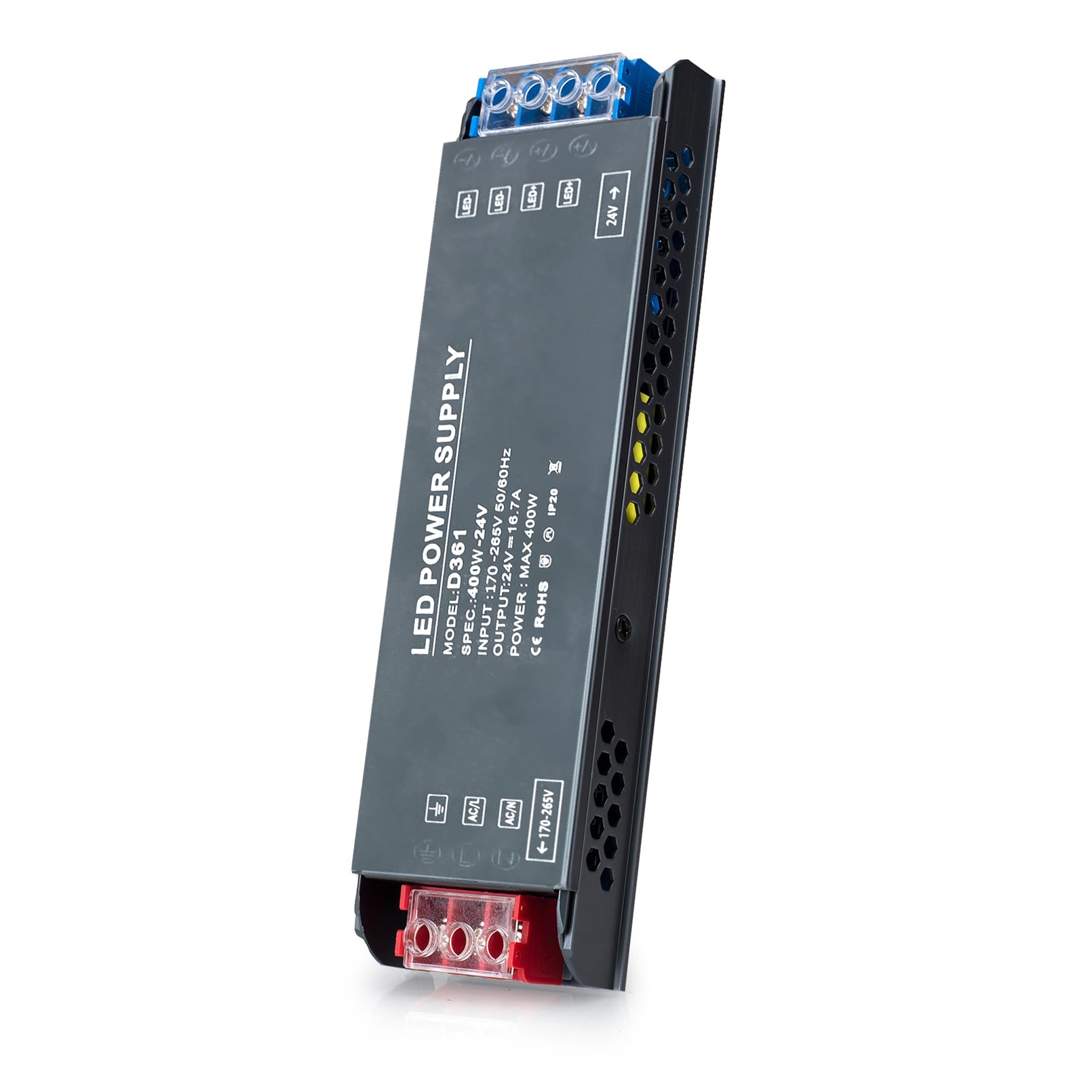BRIMETI 24V LED Driver 400W LED Transformer AC 240V to DC 24 Volt 16,6A Ultra Slim Power Supply Constant Low Voltage Switching, Adapter for Strip Light Cabinet Lights