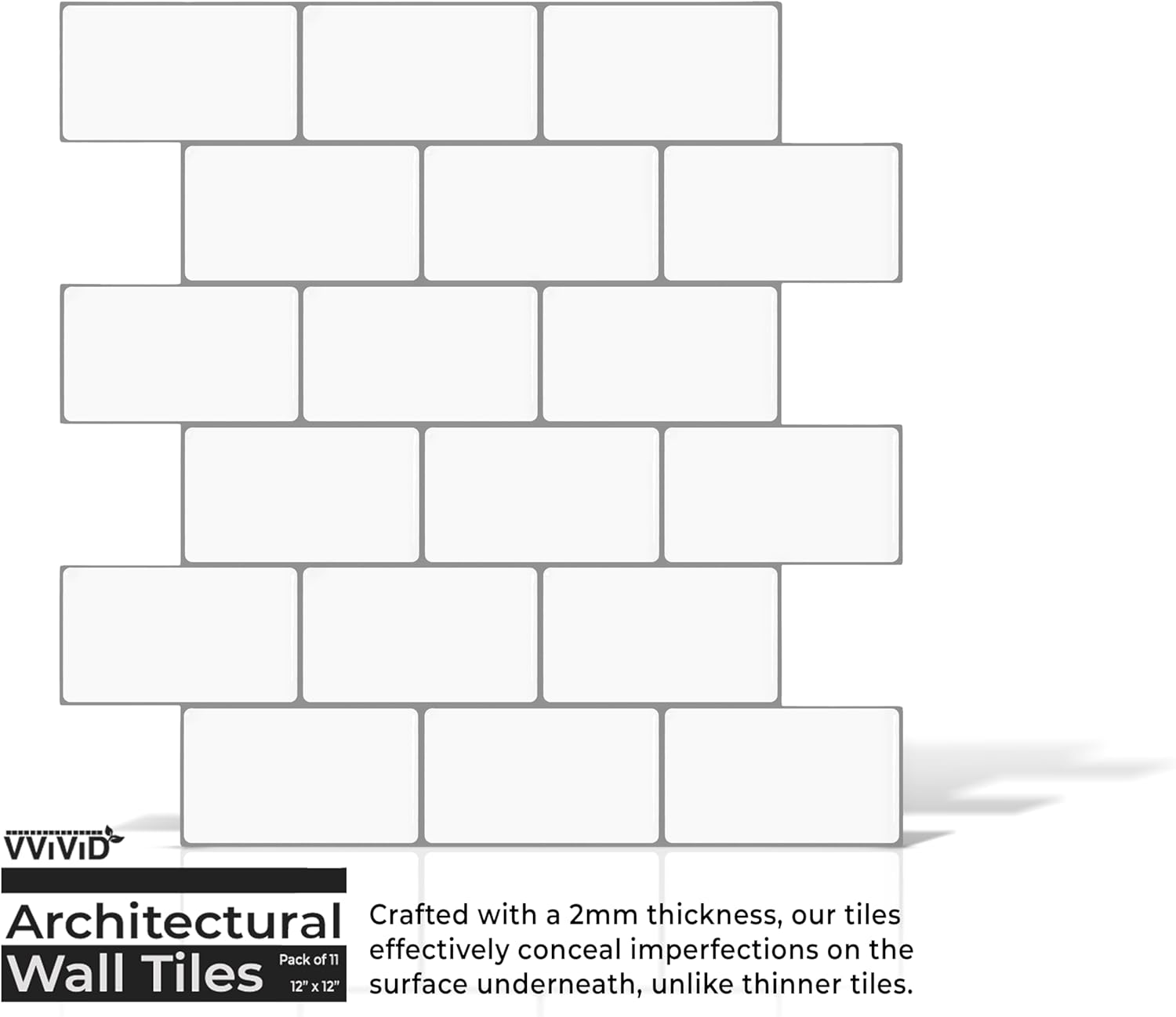 VViViD 11 Sheets Peel and Stick White Gloss Faux Ceramic Brick Wall Tiles, Self Adhesive Backsplash 12”x12”, 2mm Thick Kitchen, Bathroom (11 sq. ft.)