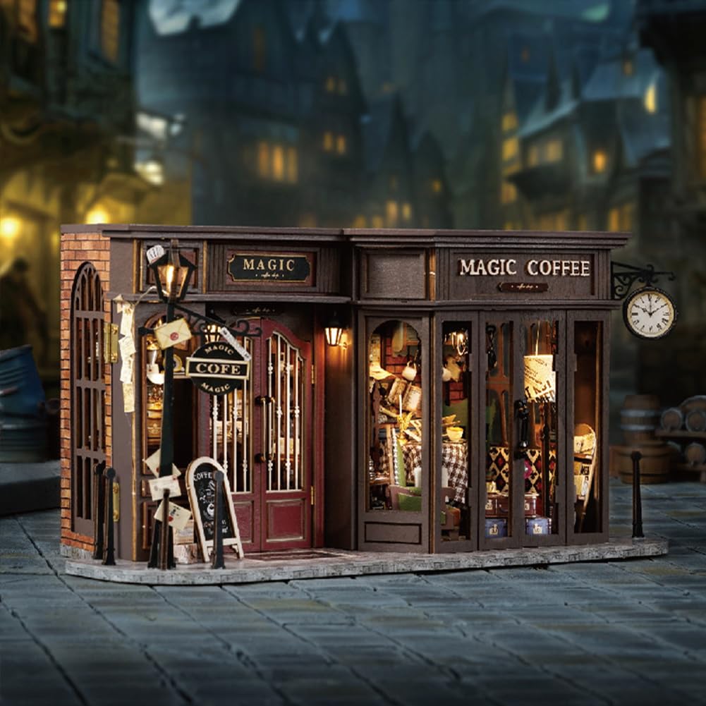 Miniaturowy zestaw Magic Coffee Shop domek dla lalek, drewniany zestaw do domku dla lalek, miniaturowy zestaw domków ze światłem LED, kreatywny pomysł na pokój dla dorosłych