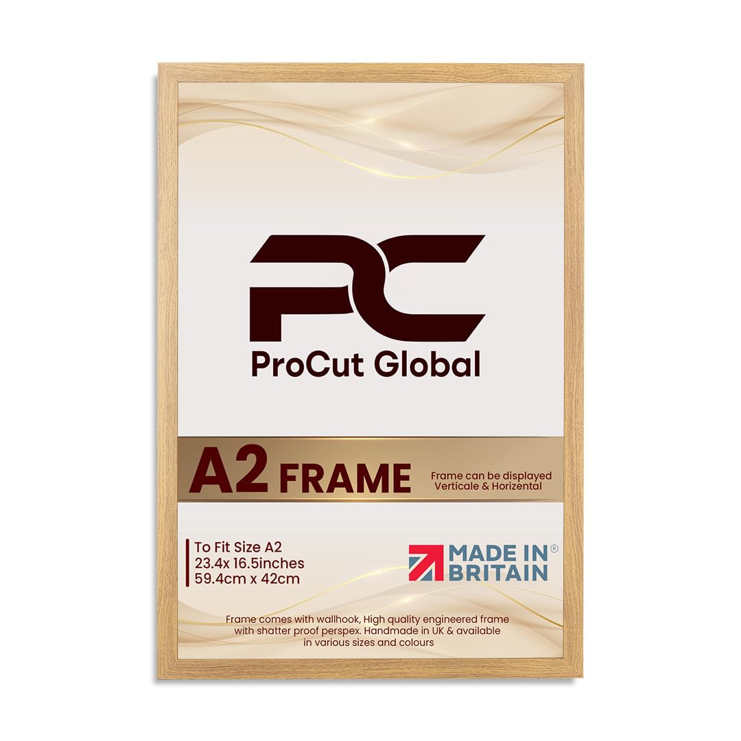Procut Global A2 Oak Picture Frames – Sleek Wooden Photo Frame with Shatterproof Perspex for Wall or Tabletop – Perfect for Posters, Certificates, Prints–Multiple Sizes & Colors Available