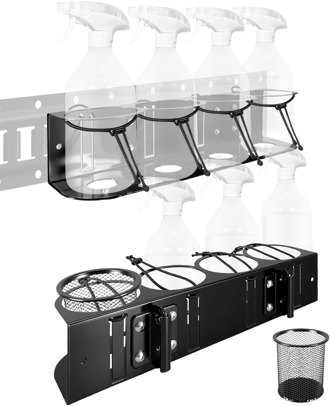 2 Pack E-Track Spray Bottle Holder for Vans Truck Enclosed Trailer Garage, Heavy-Duty Metal Spray Can Rack, Wall Mount Bottle Organizer 7 Bottles Capacity with Shock-Absorbing Straps Tool Storage