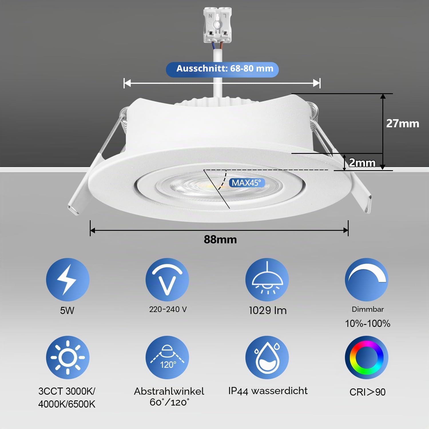 YindaLux LED Einbaustrahler 230V LED Spots 5W Dimmbar 68mm, IP44 Deckenspots 45° Schwenkbar, Warmweiß Neutralweiß Kaltweiß, Spots Deckenleuchte für Badezimmer Küche Wohnzimmer, Weiß 6er Set