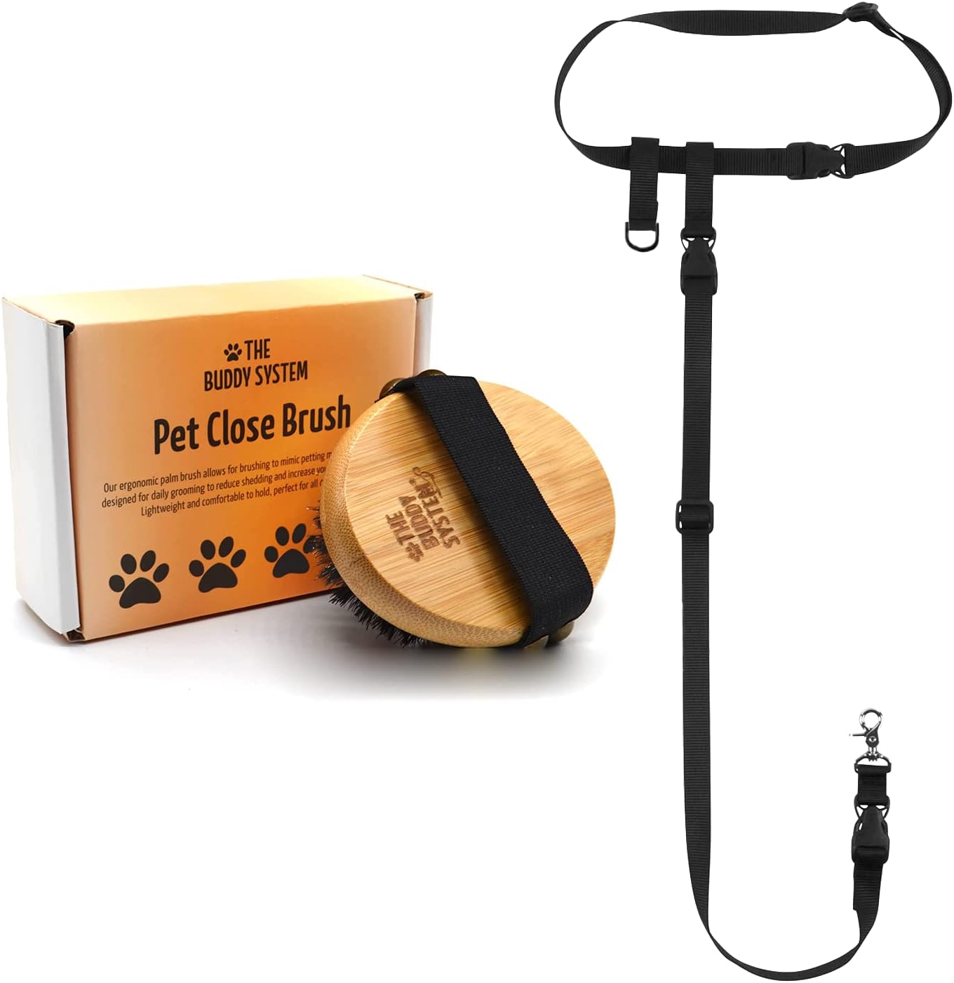 The Buddy System Hands Free Dog Leash (Black, Regular Belt) and Pet Close Brush, Soft Touch Oval Palm Brush for Dogs and Cats