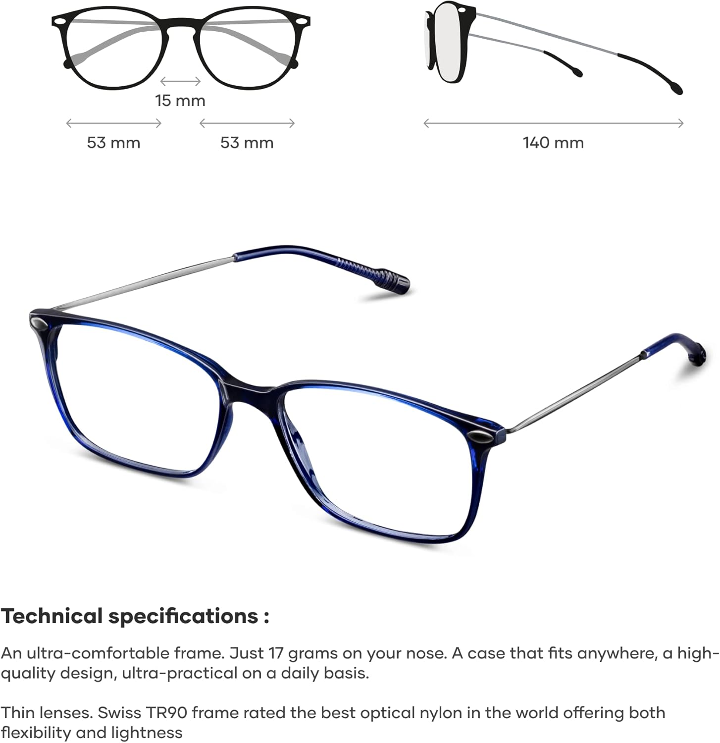 NOOZ Optics Unisex Reading Glasses - Slim & Lightweight - Presbyopia Readers - Glasses Women & Men - Case - Rectangular