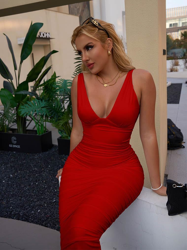 BEAGIMEG Women's Sexy Ruched Sleeveless Deep V Elegant Cocktail Evening Party Maxi Dress - Image 7