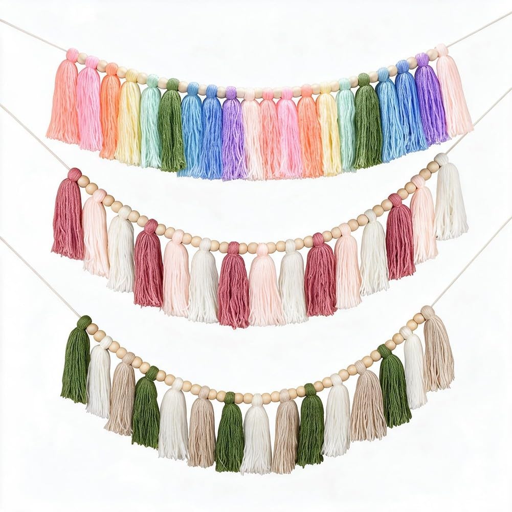 DrCor Pastel Boho Tassel Garland Set of 3, Yarn Nursery Decor with Beads